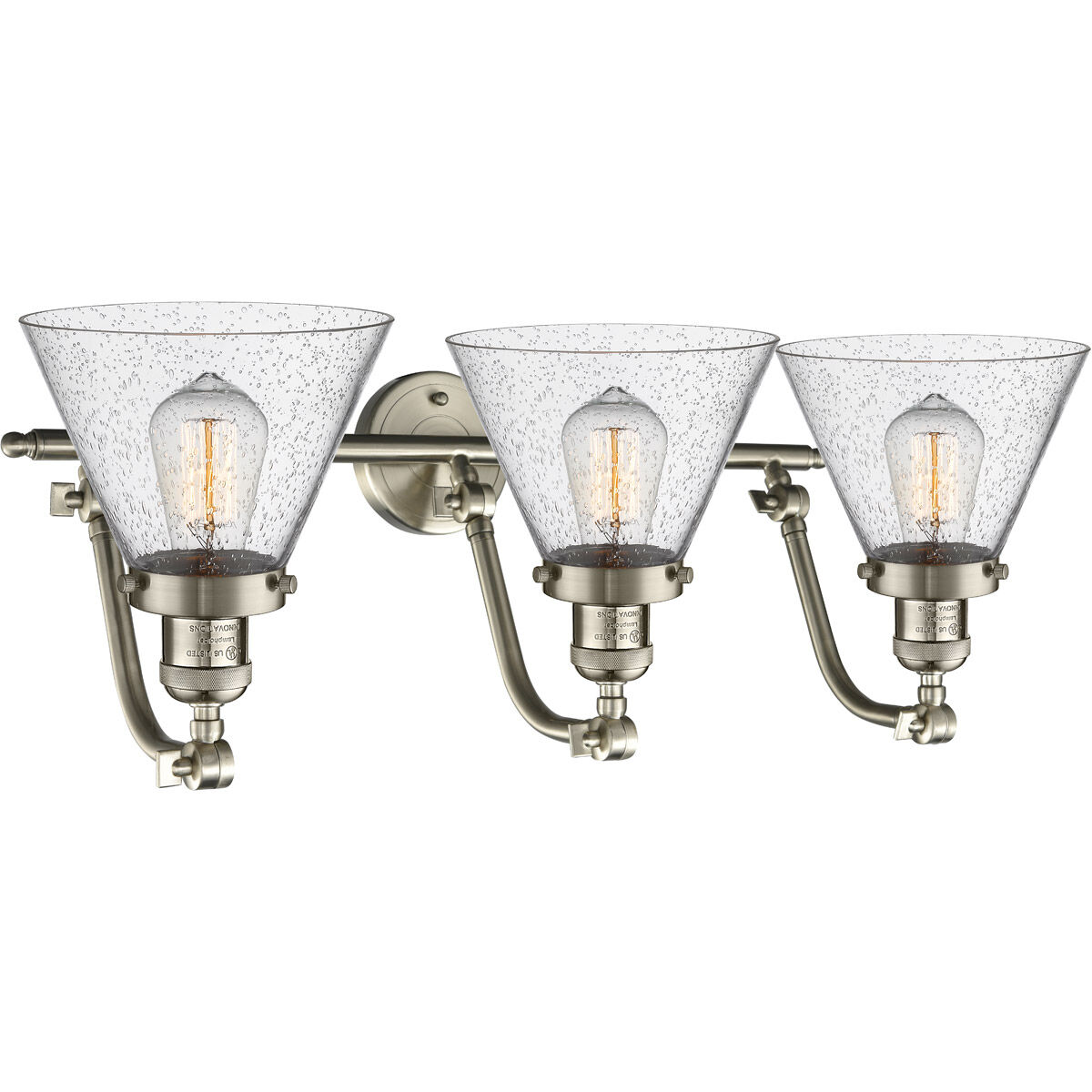 Franklin Restoration Large Cone 3 Light 28 inch Brushed Satin Nickel Bath Vanity Light Wall Light in Seedy Glass, Franklin Restoration