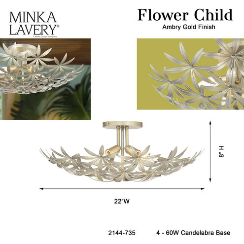 Flower Child 4 Light 22 inch Ambry Gold Flush Mount Ceiling Light