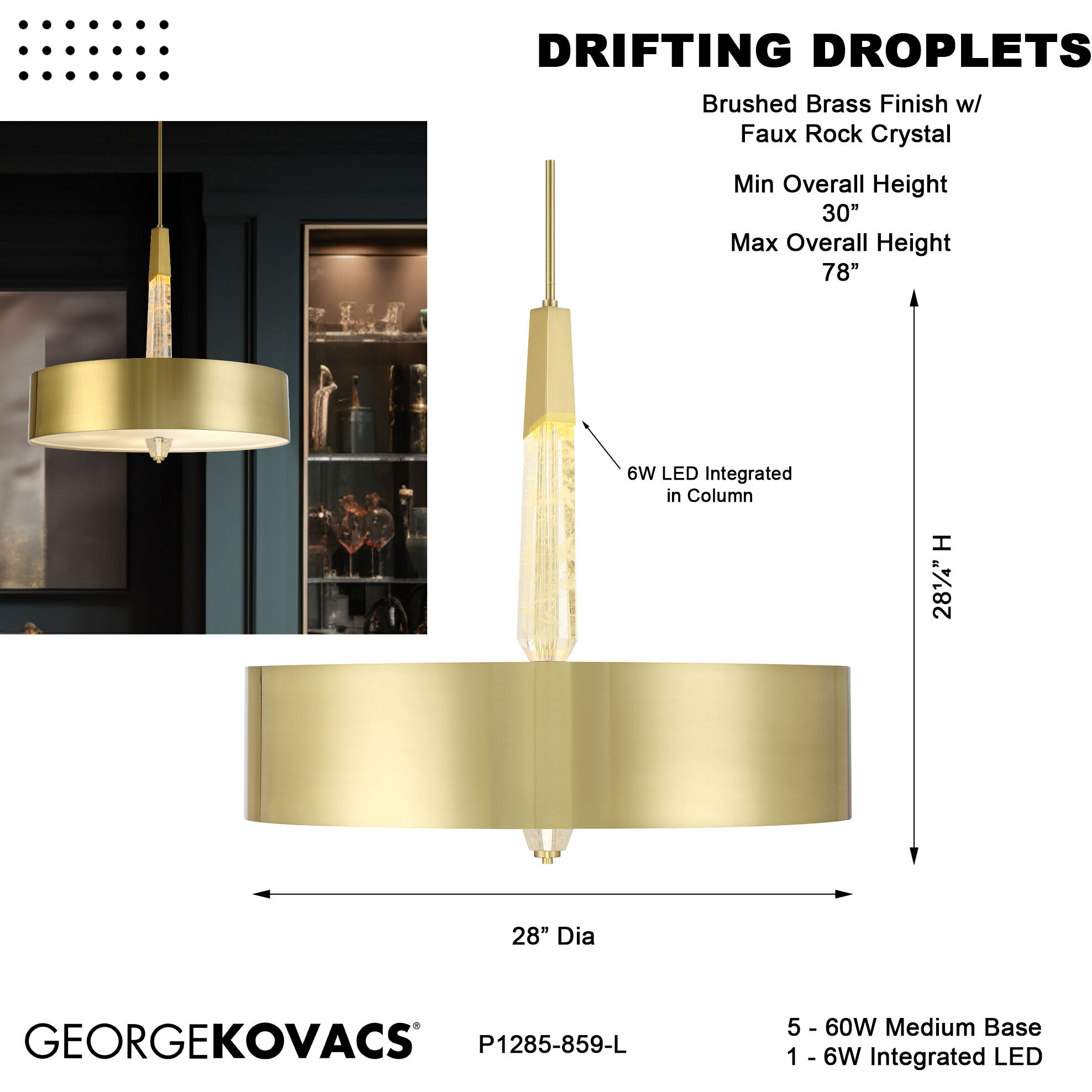 Drifting Droplets LED Vintage Brass Pendant Ceiling Light