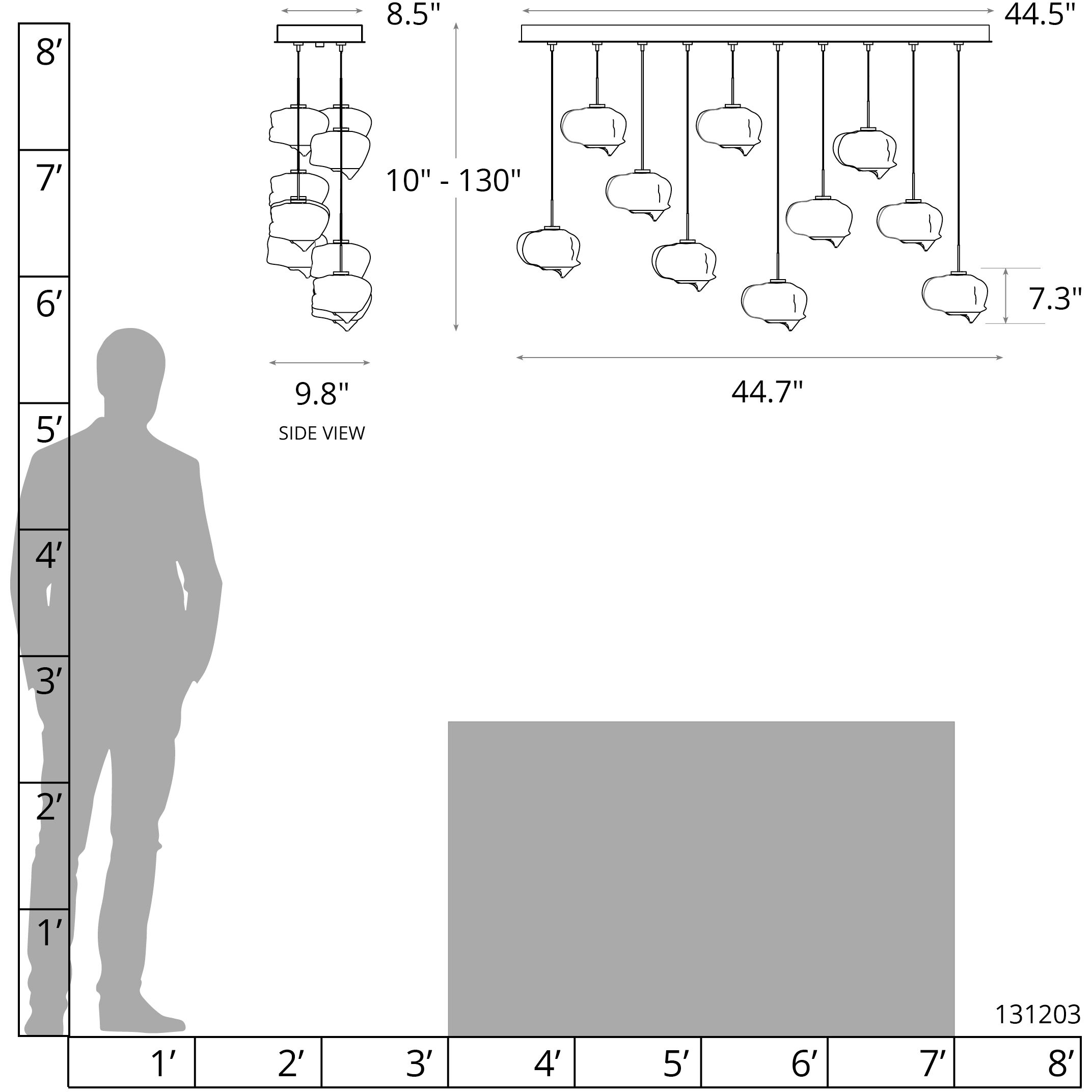 Ume 10 Light 44.7 inch Modern Brass Pendant Ceiling Light in Frosted, Rectangular