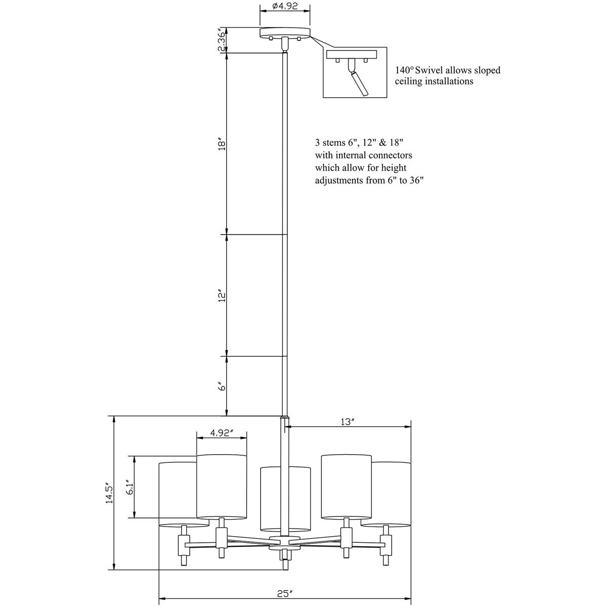 Flo 5 Light 25 inch Chrome Chandelier Ceiling Light, Adapts to Sloped Ceiling