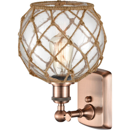 Ballston Farmhouse Rope LED 8 inch Antique Copper Sconce Wall Light in Clear Glass with Brown Rope, Ballston