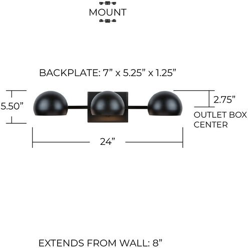 Hadley 3 Light 24 inch Matte Black Vanity Light Wall Light