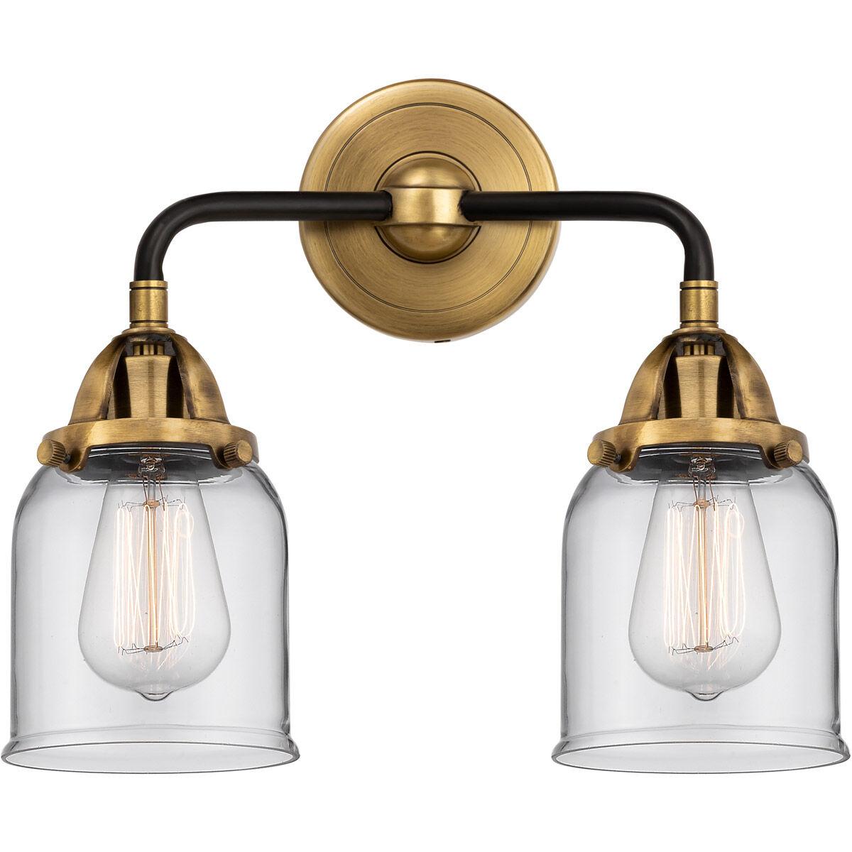 Nouveau 2 Small Bell LED 13 inch Black Antique Brass Bath Vanity Light Wall Light in Clear Glass