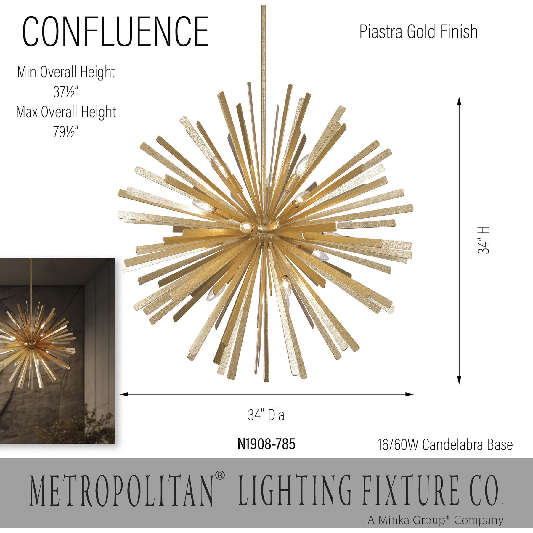 Confluence 16 Light 34 inch Piastra Gold Pendant Ceiling Light
