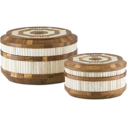 Banjhara 12 inch Natural Bone/Teak Boxes, Round, Set of 2