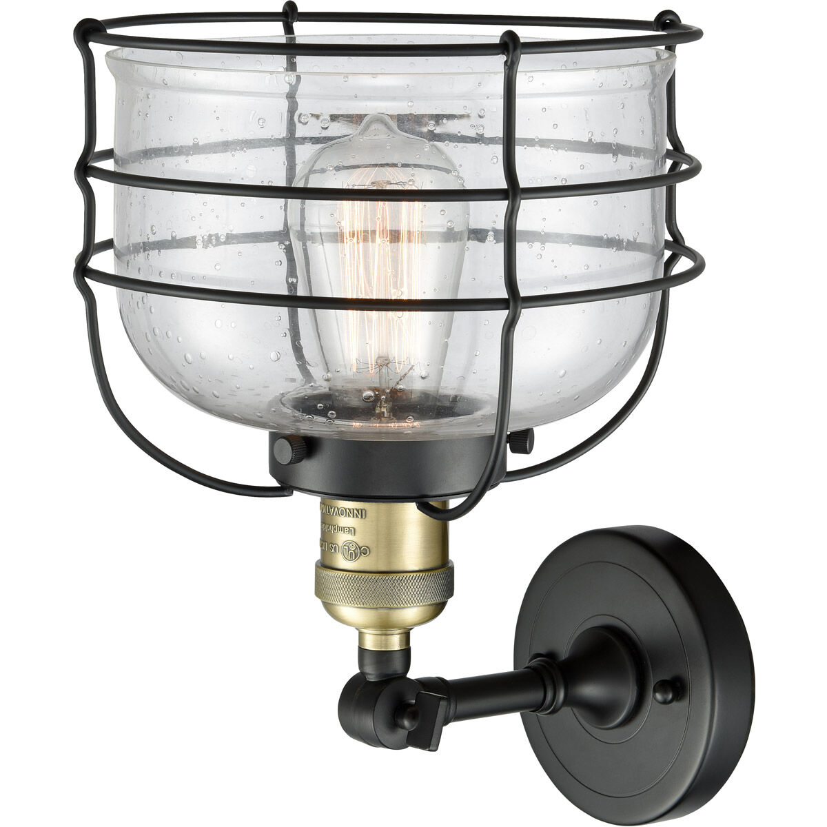 Franklin Restoration Large Bell Cage LED 9 inch Black Antique Brass Sconce Wall Light in Seedy Glass, Franklin Restoration