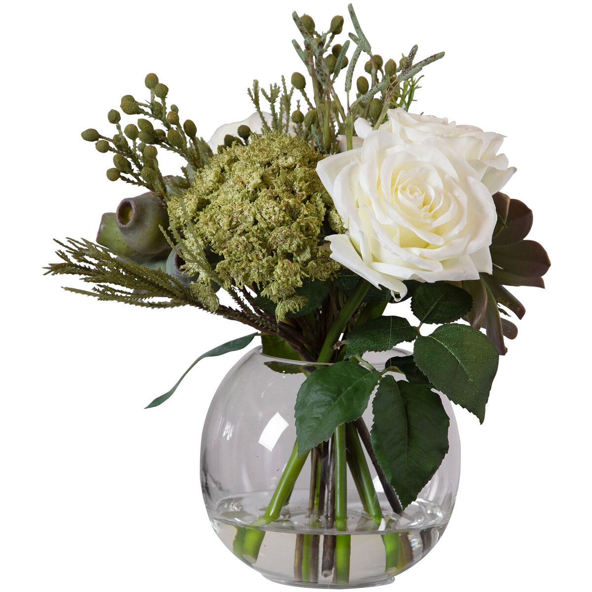 Belmonte Green and Cream with Clear Glass Floral Bouquet and Vase