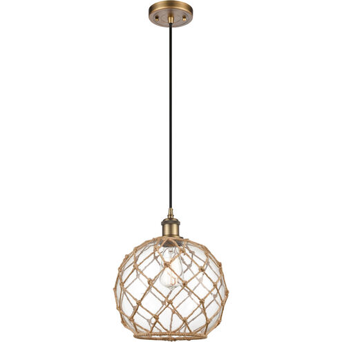 Ballston Large Farmhouse Rope 1 Light 10 inch Brushed Brass Mini Pendant Ceiling Light in Clear Glass with Brown Rope, Ballston