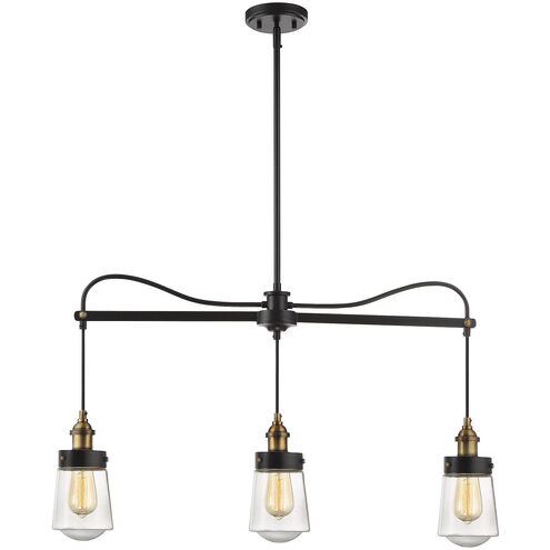 Macauley 3 Light 35 inch Vintage Black with Warm Brass Linear Chandelier Ceiling Light