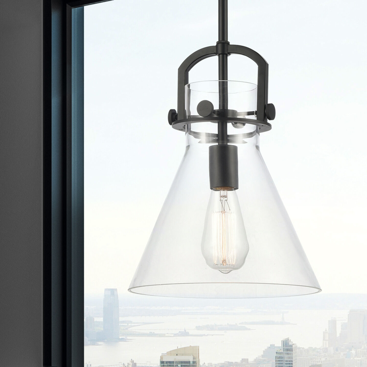 Newton Cone 1 Light 10 inch Matte Black Mini Pendant Ceiling Light in Clear Glass
