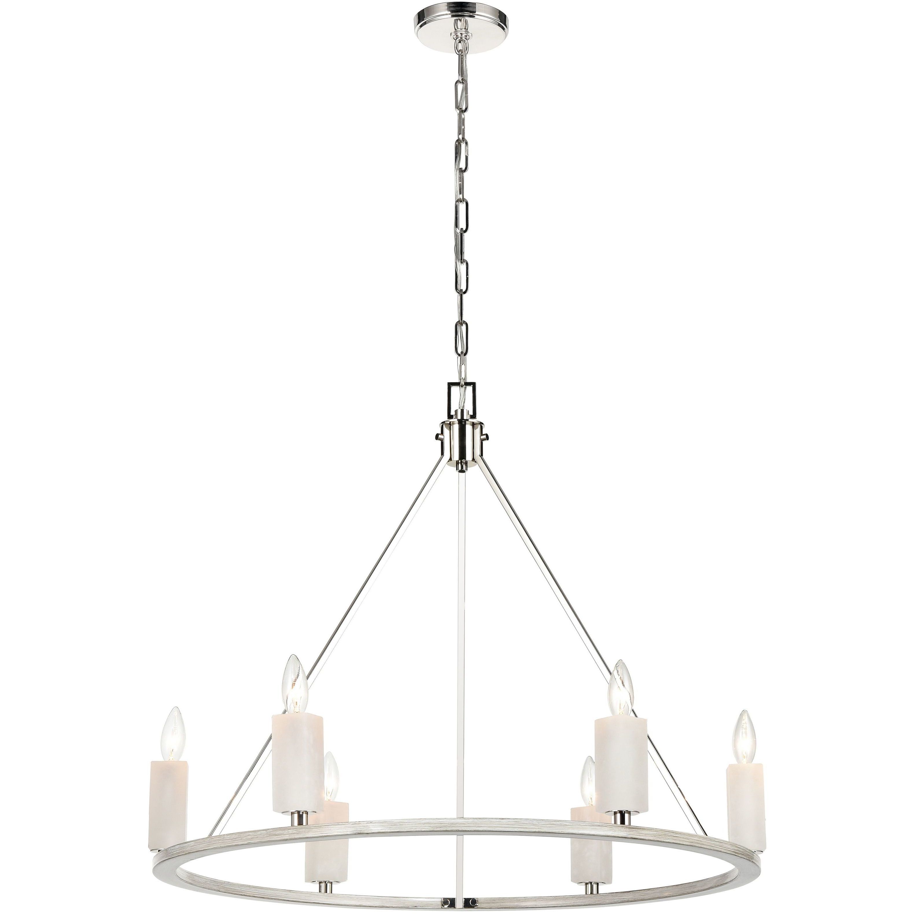 White Stone 6 Light 30 inch Polished Nickel with Sunbleached Oak Chandelier Ceiling Light