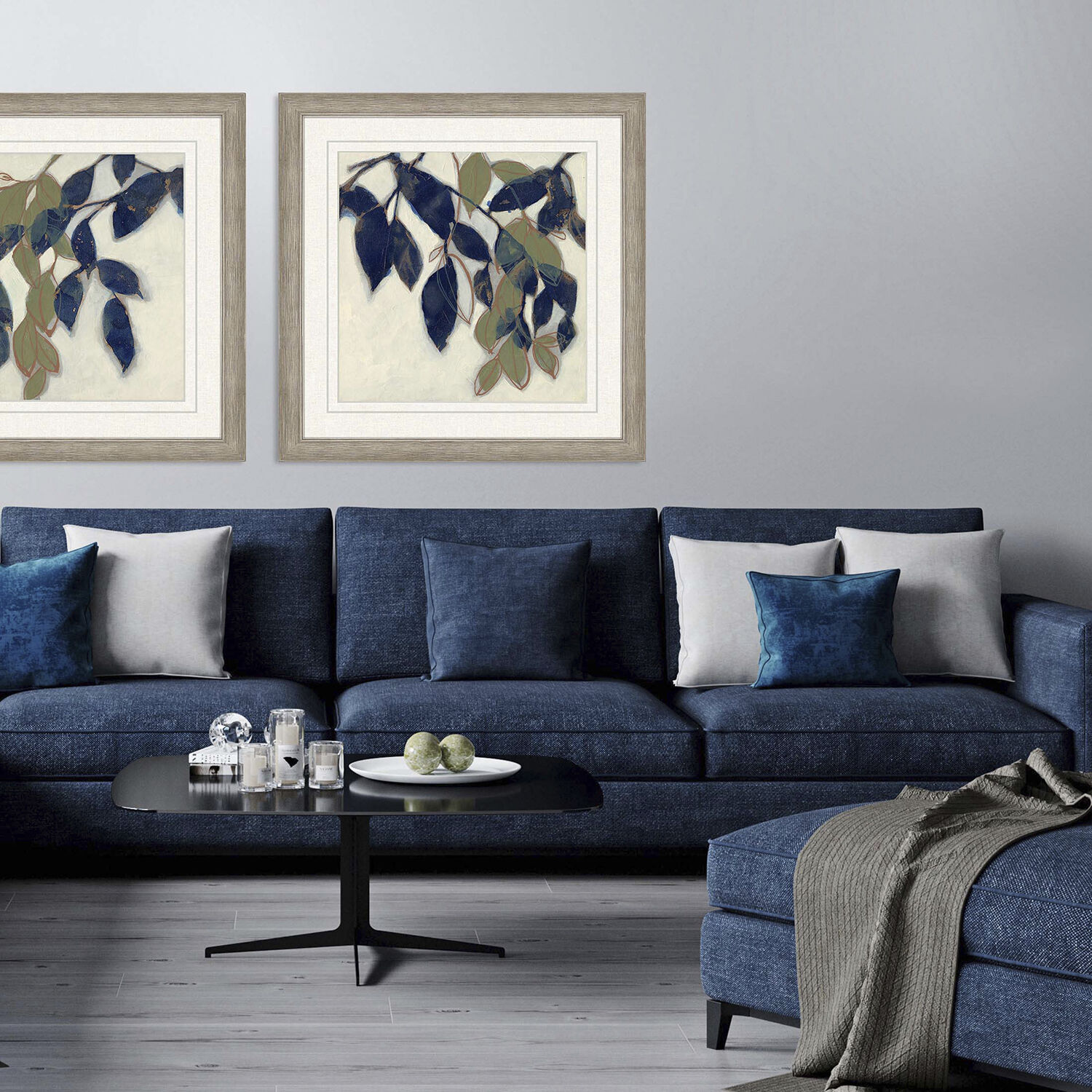 Entwined Leaves Blue and Beige and Green and White Framed Art