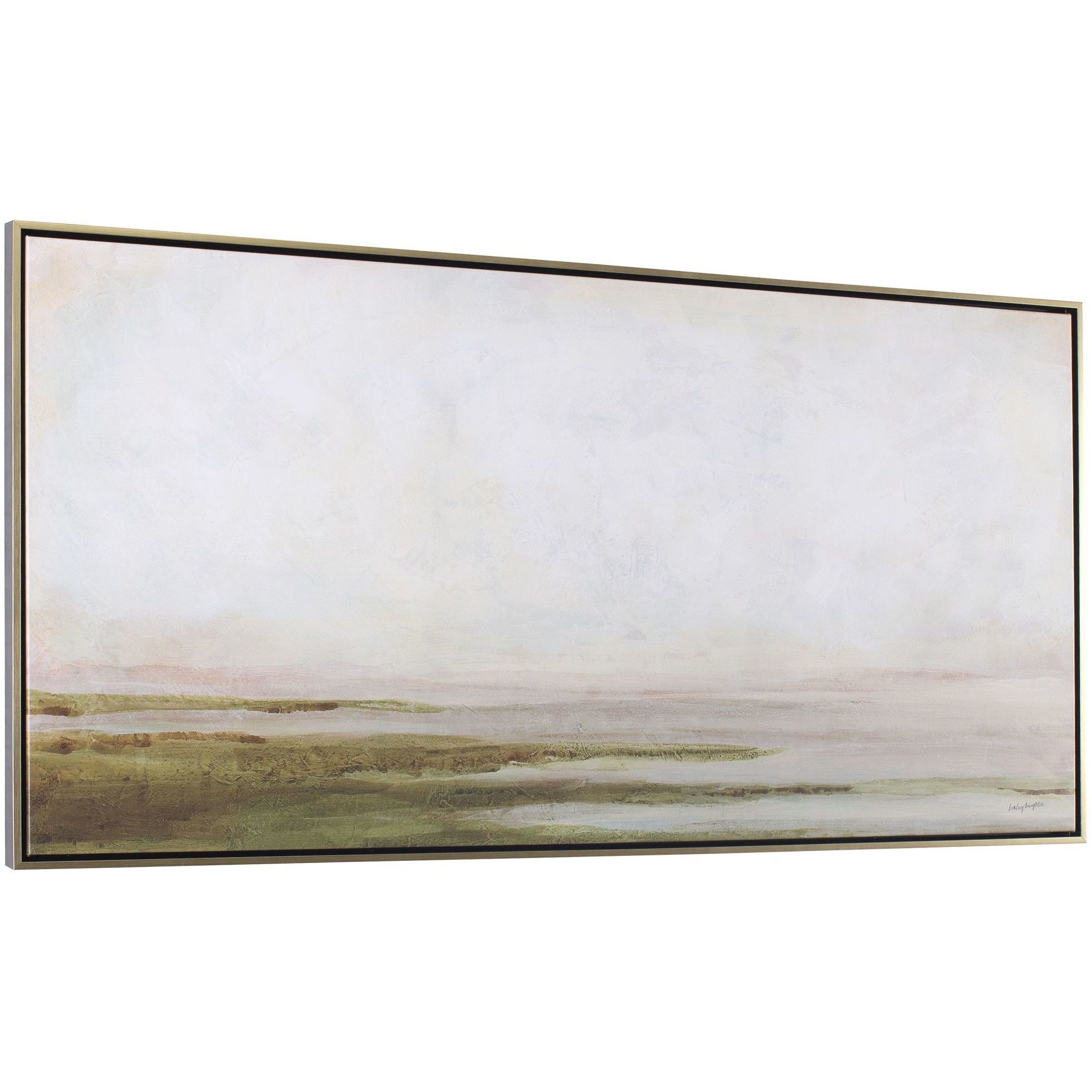Hazy Lake White and Gray and Green and Brown Framed Landscape Art