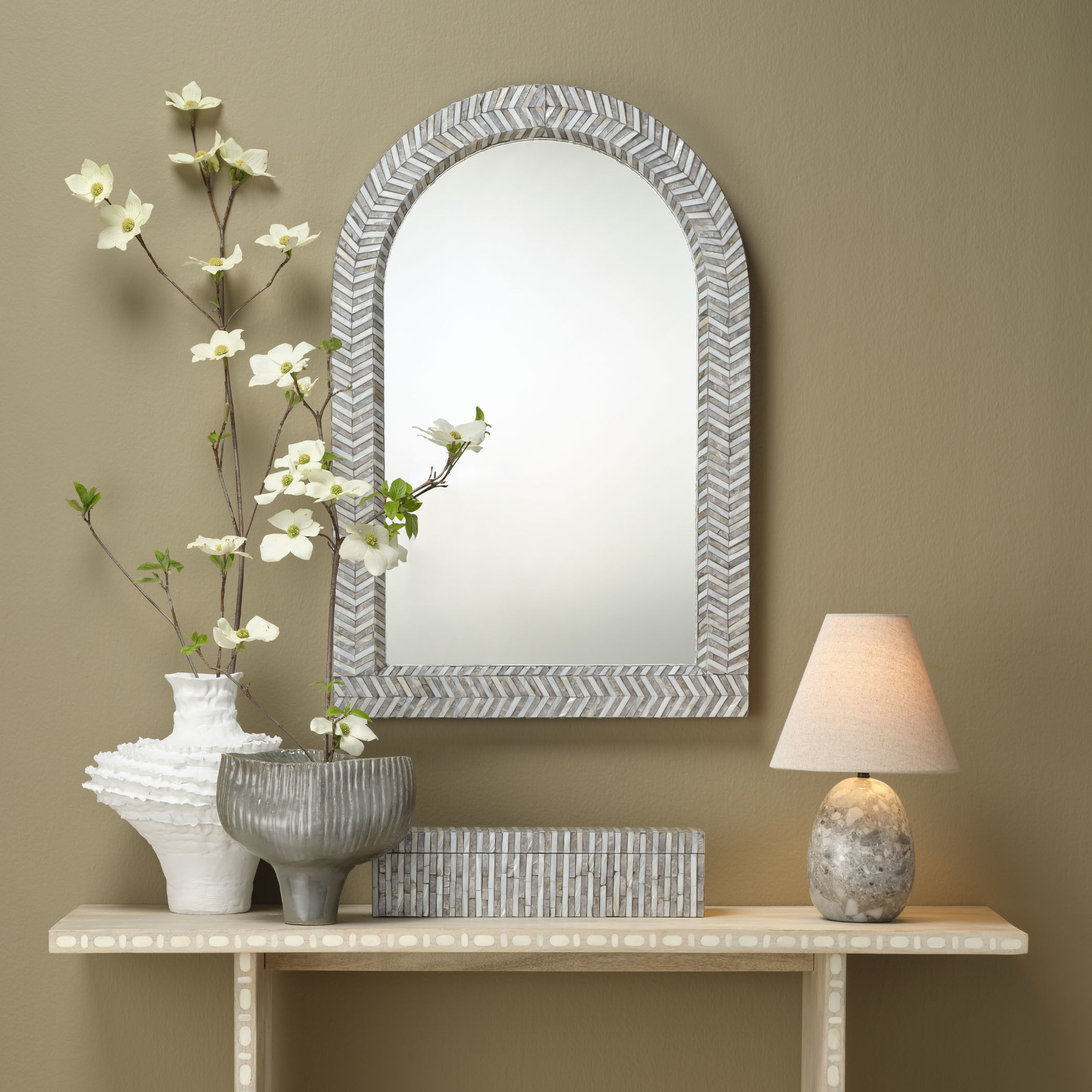 Beverly 36 X 24 inch Mixed Grey and White Mother of Pearl Wall Mirror
