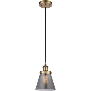 Ballston Small Cone 1 Light 6 inch Brushed Brass Mini Pendant Ceiling Light in Plated Smoke Glass