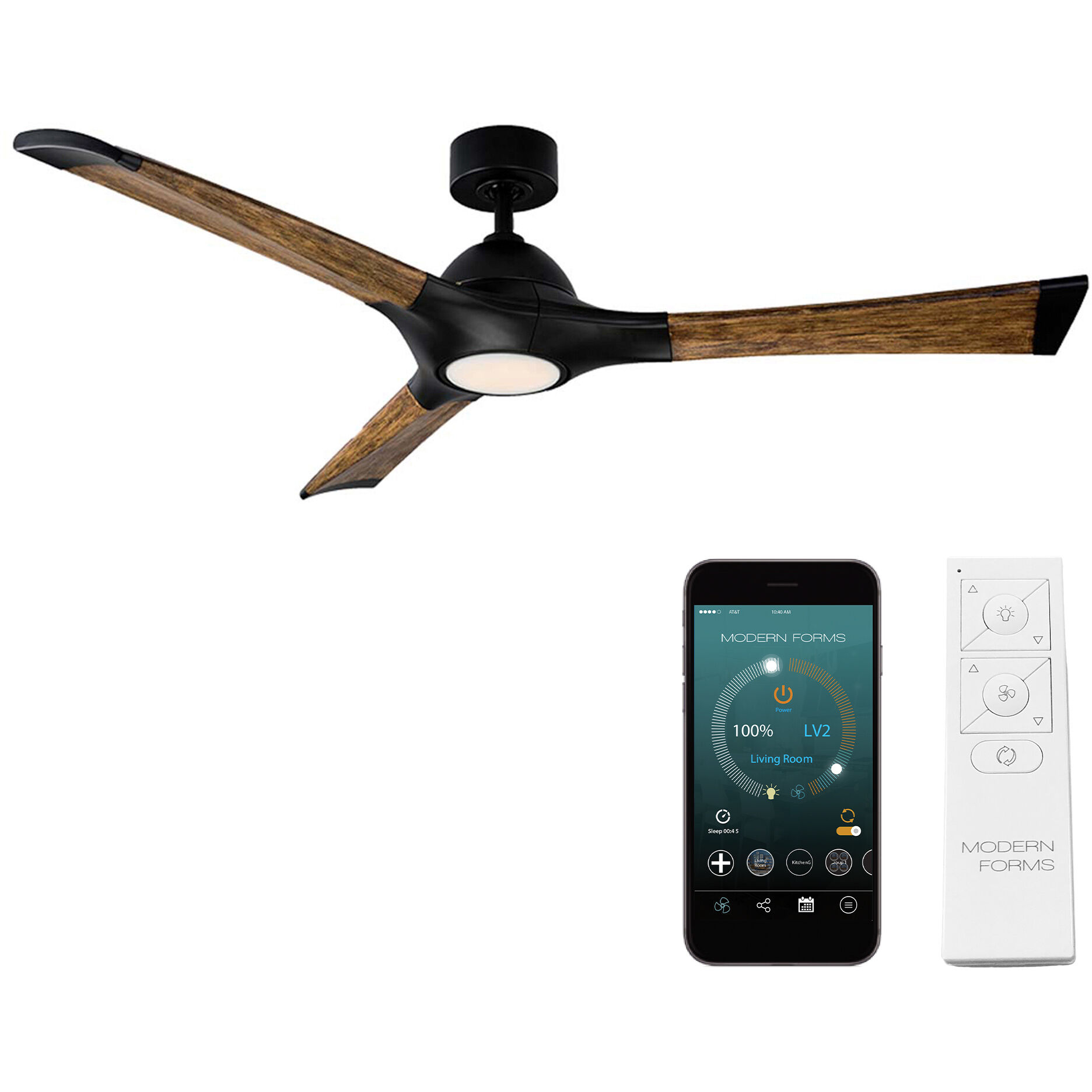 Woody 60 inch Matte Black and Distressed Koa with Distressed Koa Blades Downrod Ceiling Fan in 2700K, Matte Black Distressed Koa