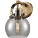 Pilaster II Sphere Sconce Wall Light in Brushed Brass, Light Smoke Glass