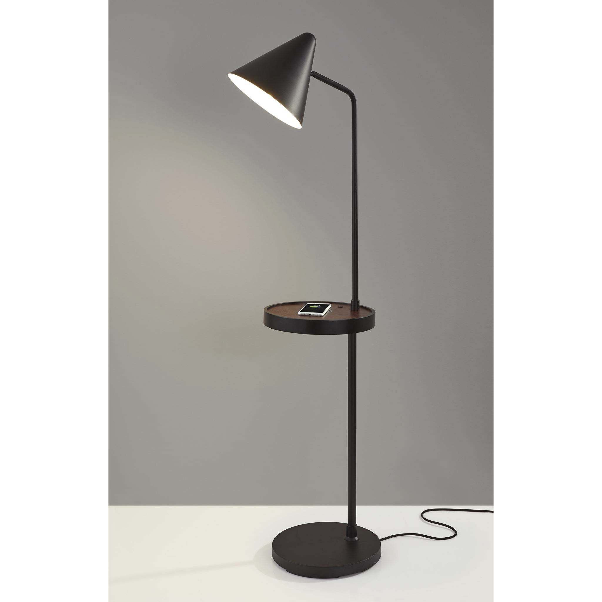 Oliver 59 inch 100.00 watt Matte Black and Walnut Poplar Wood Task Shelf Floor Lamp Portable Light, with AdessoCharge Wireless Charging Pad and USB Port