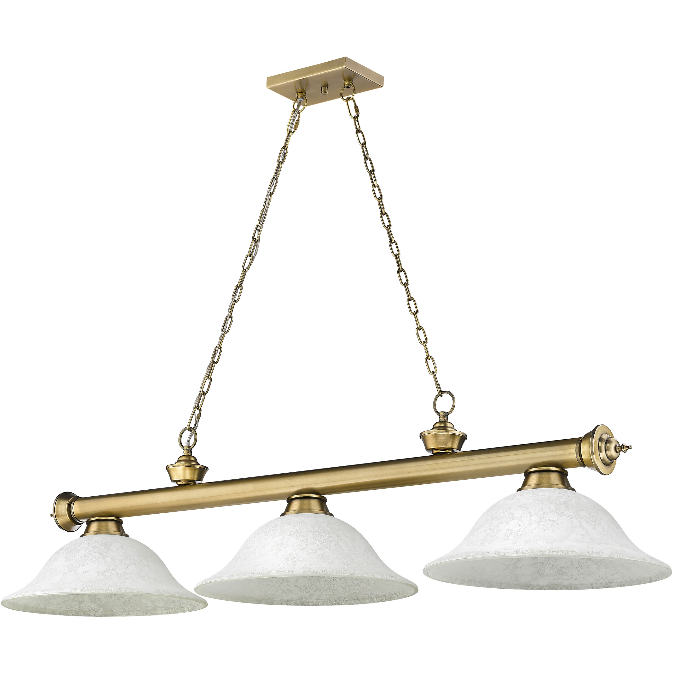 Cordon 3 Light 58 inch Rubbed Brass Billiard Ceiling Light in White Mottle Glass