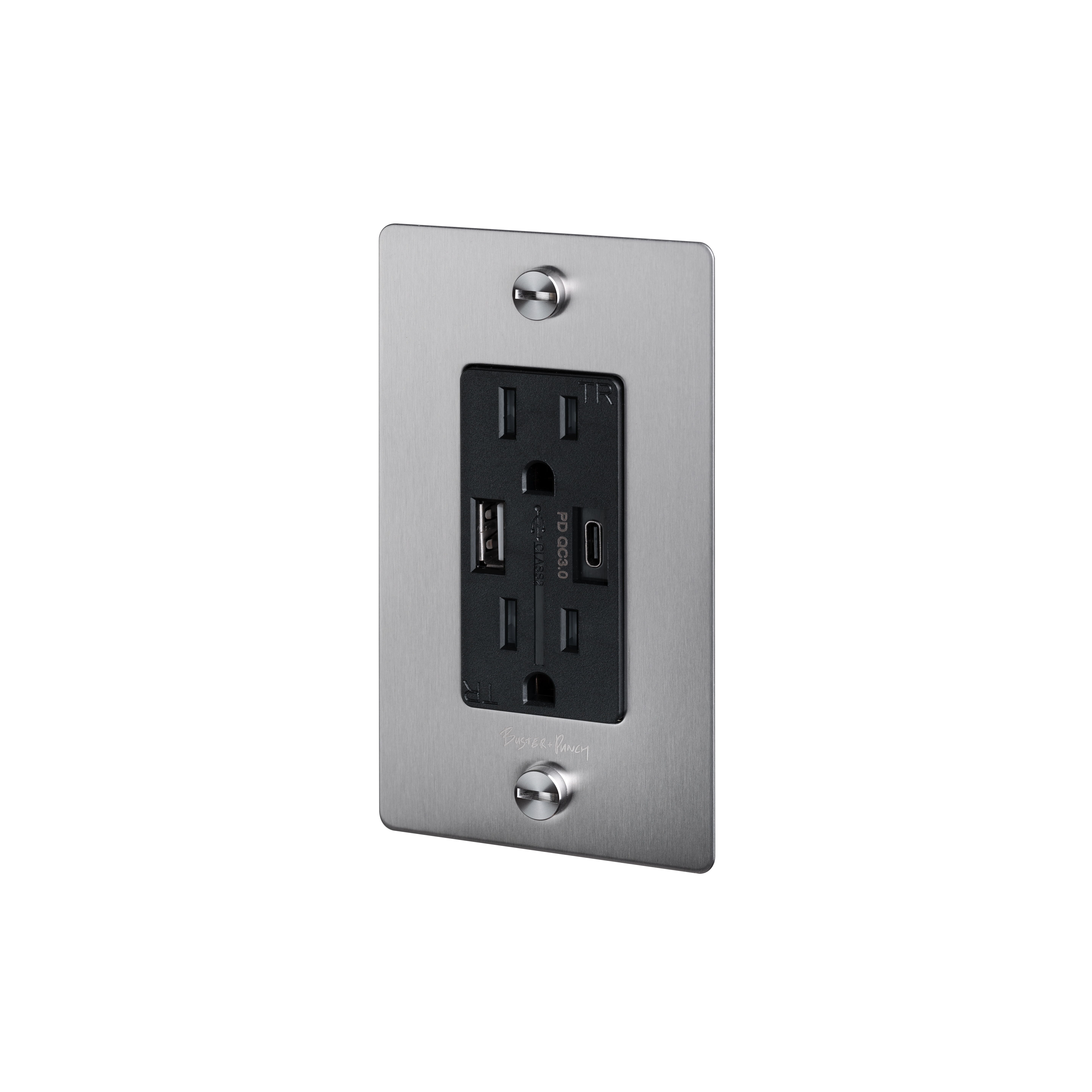 1G Duplex 125 Steel Outlet, USB A + C