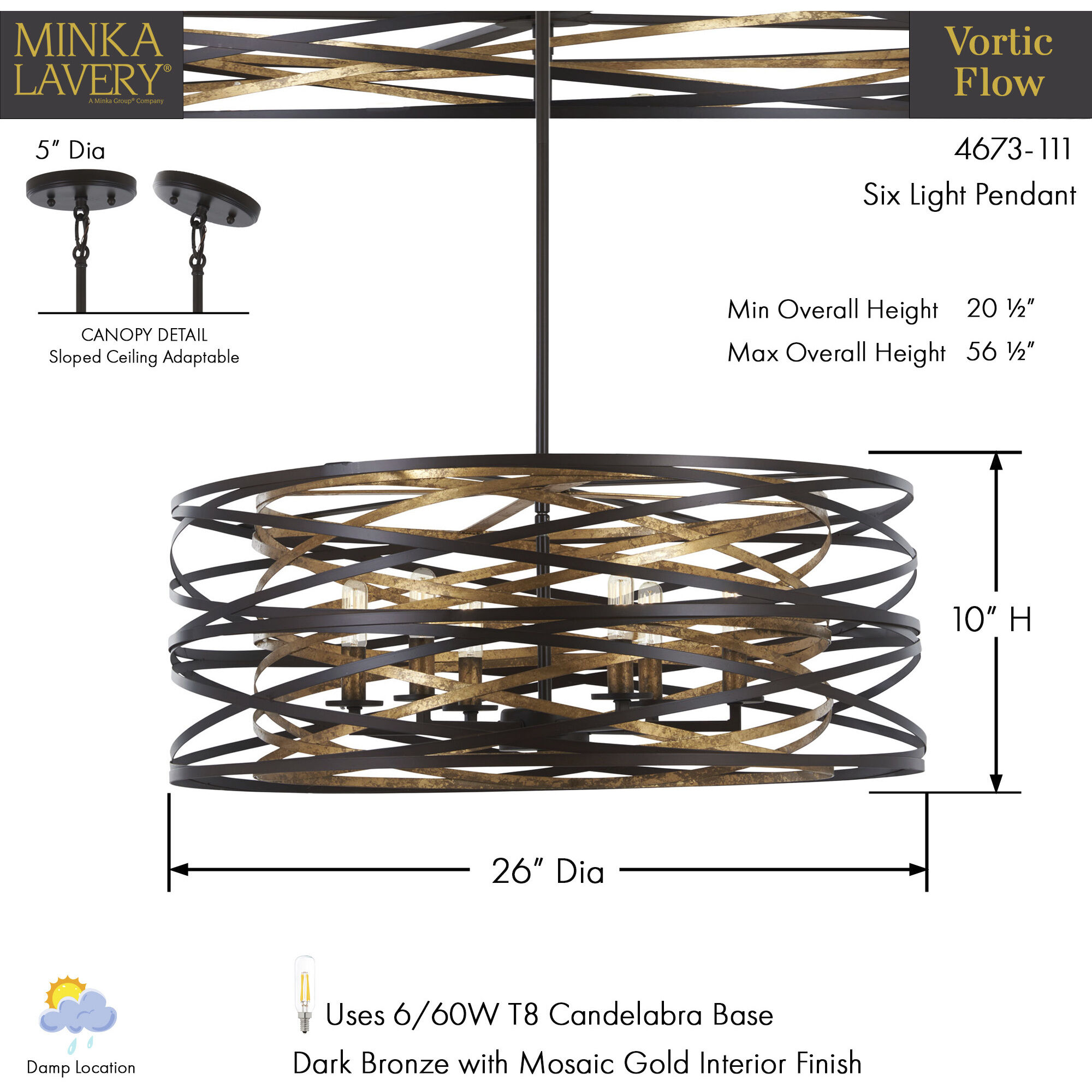 Vortic Flow 6 Light 26 inch Dark Bronze/Mosaic Gold Pendant Ceiling Light