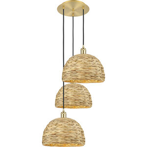 Woven Rattan 3 Light 18.5 inch Satin Gold and Natural Multi Pendant Ceiling Light