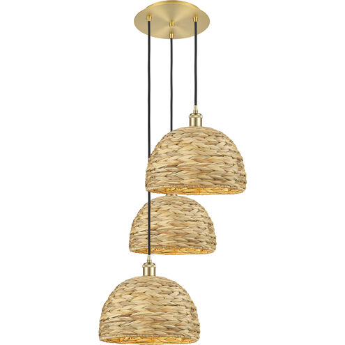 Woven Rattan 3 Light 18.5 inch Satin Gold Multi Pendant Ceiling Light