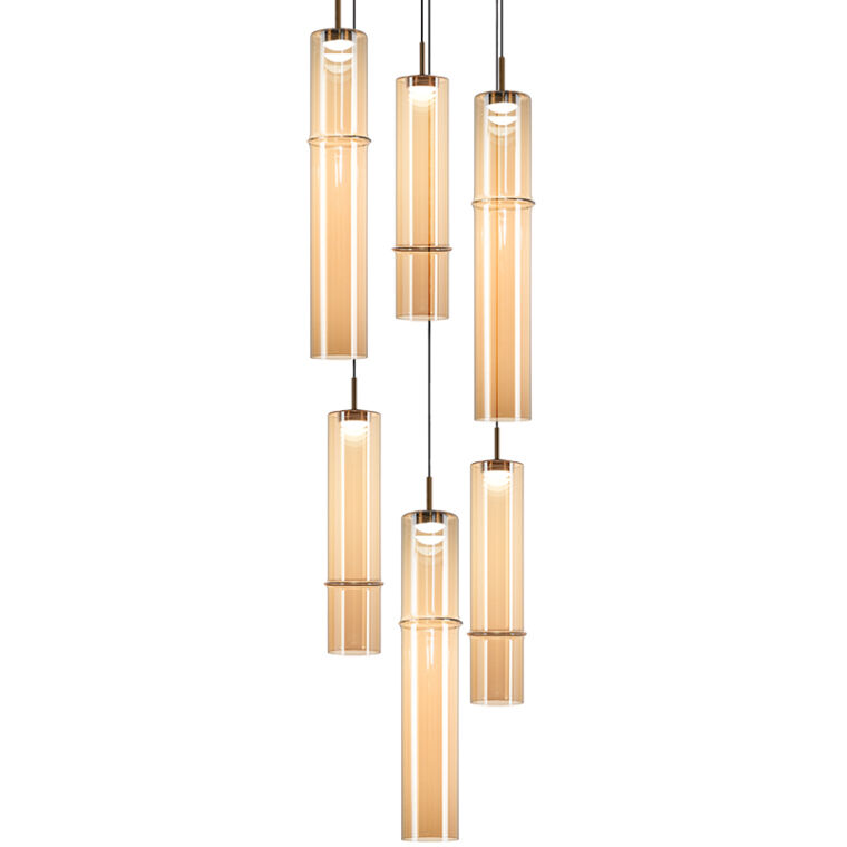 Bambu 6 Light 13.38 inch Aged Gold Brass and Amber Glass Pendant Ceiling Light