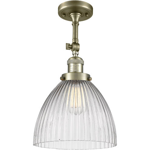 Franklin Restoration Seneca Falls LED 10 inch Antique Brass Semi-Flush Mount Ceiling Light in Clear Halophane Glass, Franklin Restoration