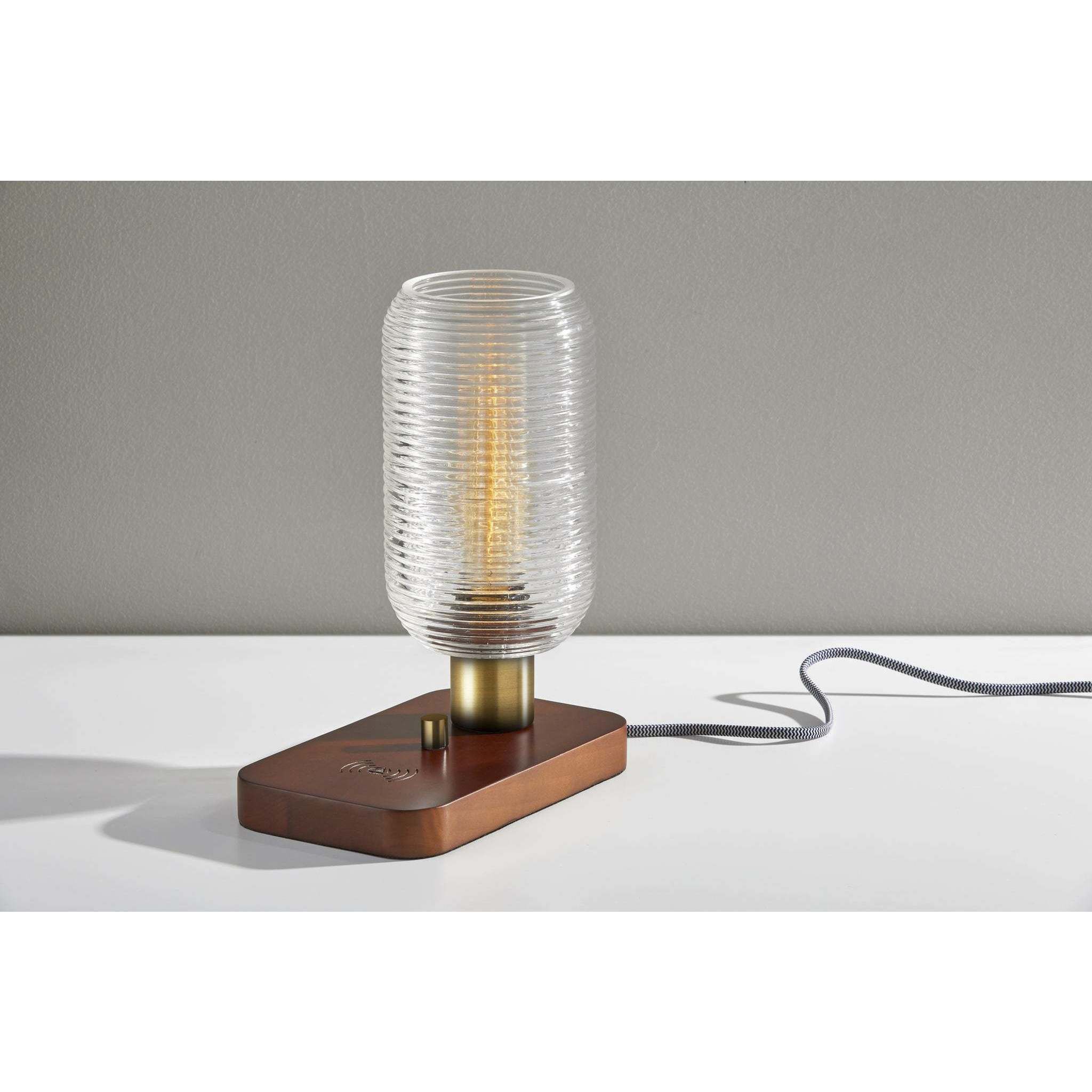 Isaac 12 inch 60.00 watt Walnut Rubberwood and Antique Brass Table Lantern Portable Light, with AdessoCharge Wireless Charging Pad and USB Port