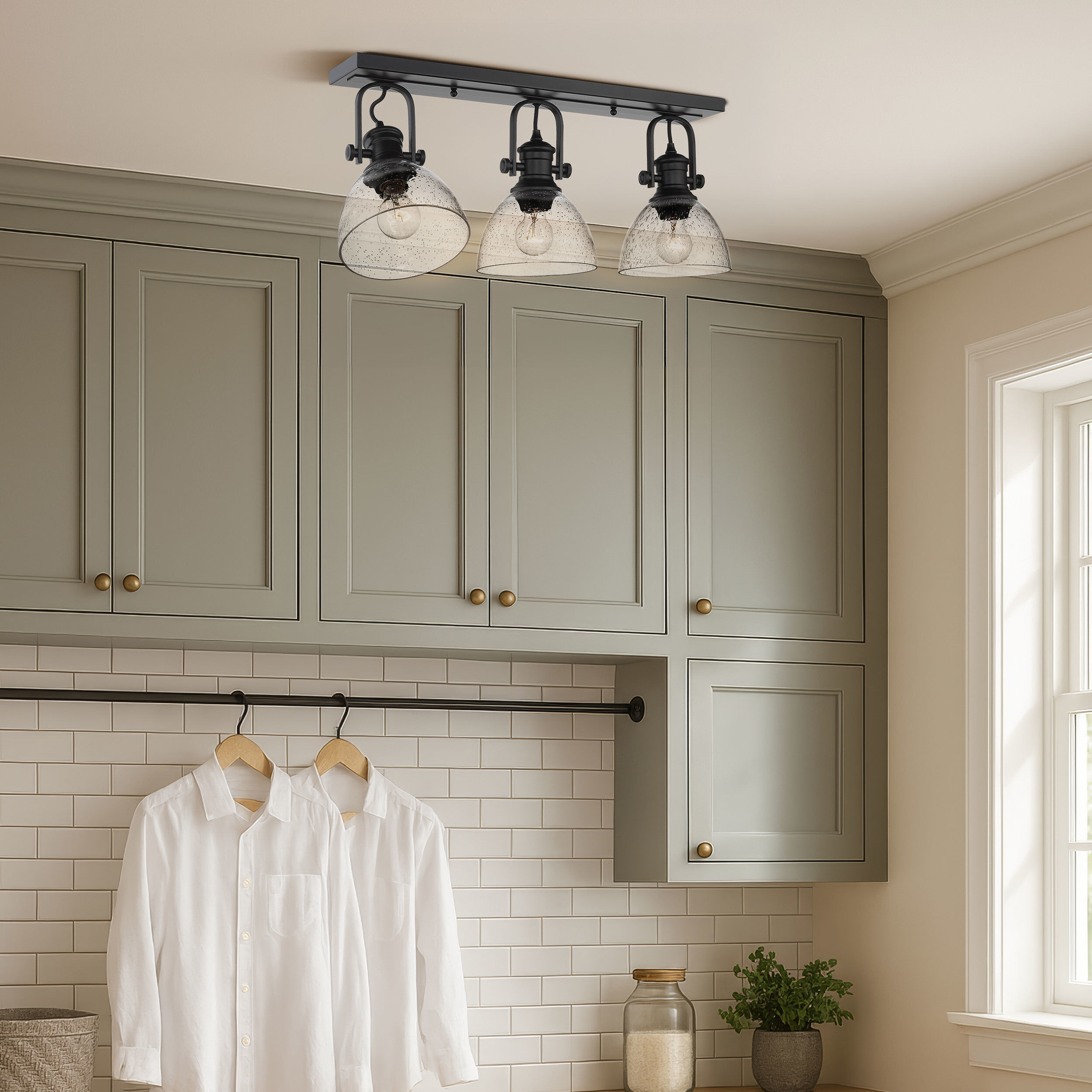 Yep Hines 3 Light 23.13 inch Matte Black Semi-Flush Mount Ceiling Light in Seeded Glass, Damp