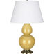 Double Gourd 31 inch 150.00 watt Sunset Yellow Glazed Ceramic with Antique Brass Table Lamp Portable Light in Pearl Dupioni