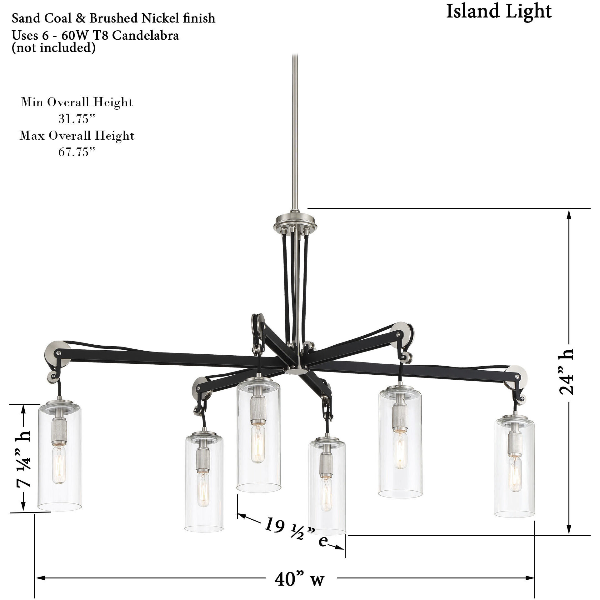 Pullman Junction 6 Light 40 inch Coal / Brushed Nickel Island Light Ceiling Light