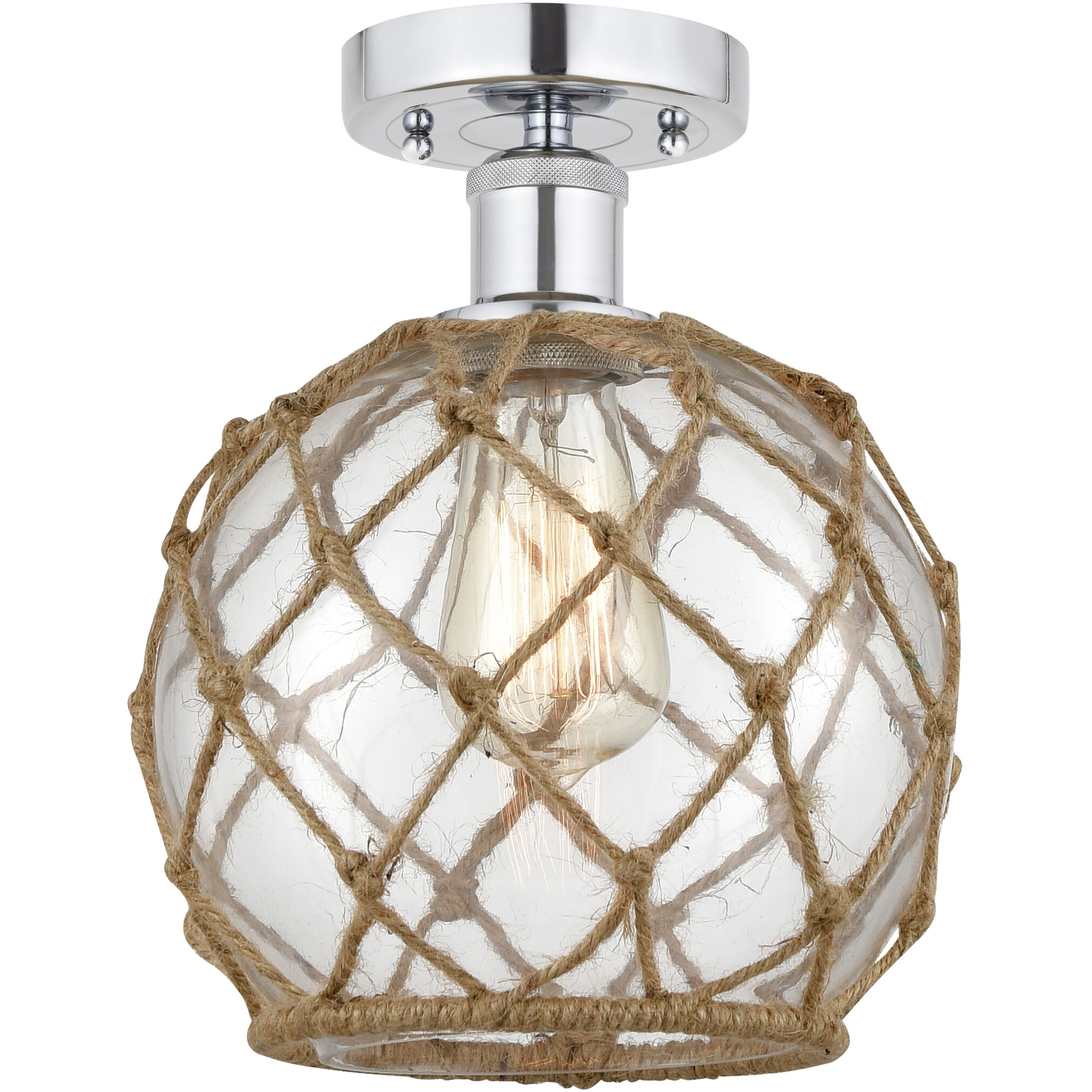 Edison Farmhouse Rope 1 Light 8 inch Polished Chrome Semi Flush Mount Ceiling Light in Clear Glass with Brown Rope