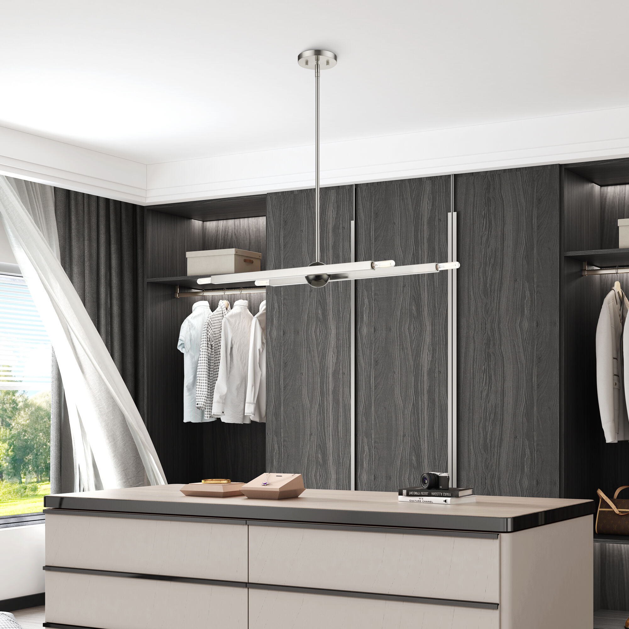 Monaco 4 Light 28 inch Brushed Nickel with Black Chrome Finish Accent Linear Chandelier Ceiling Light