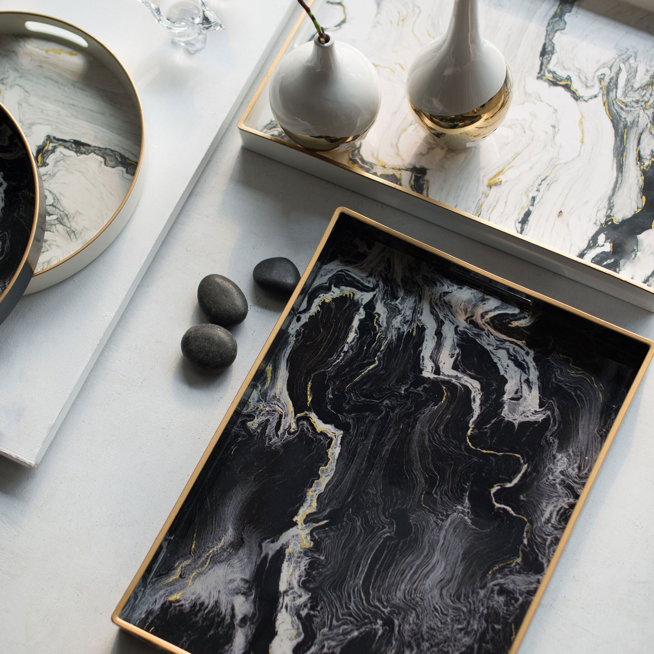 Quinn Rectangular Decorative Black and White Tray, Set of 2