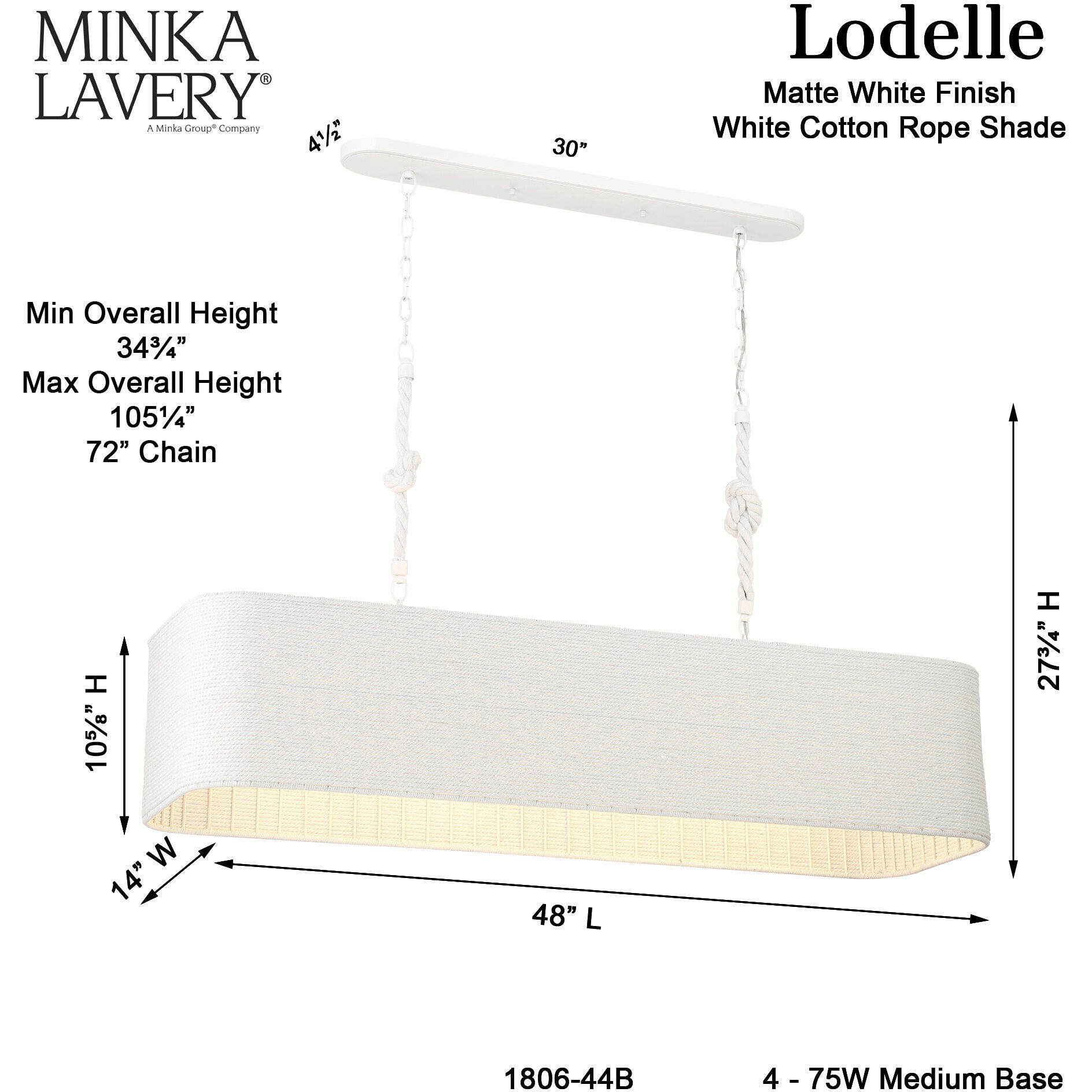 Lodelle 4 Light 48 inch Matte White Island Chandelier Ceiling Light