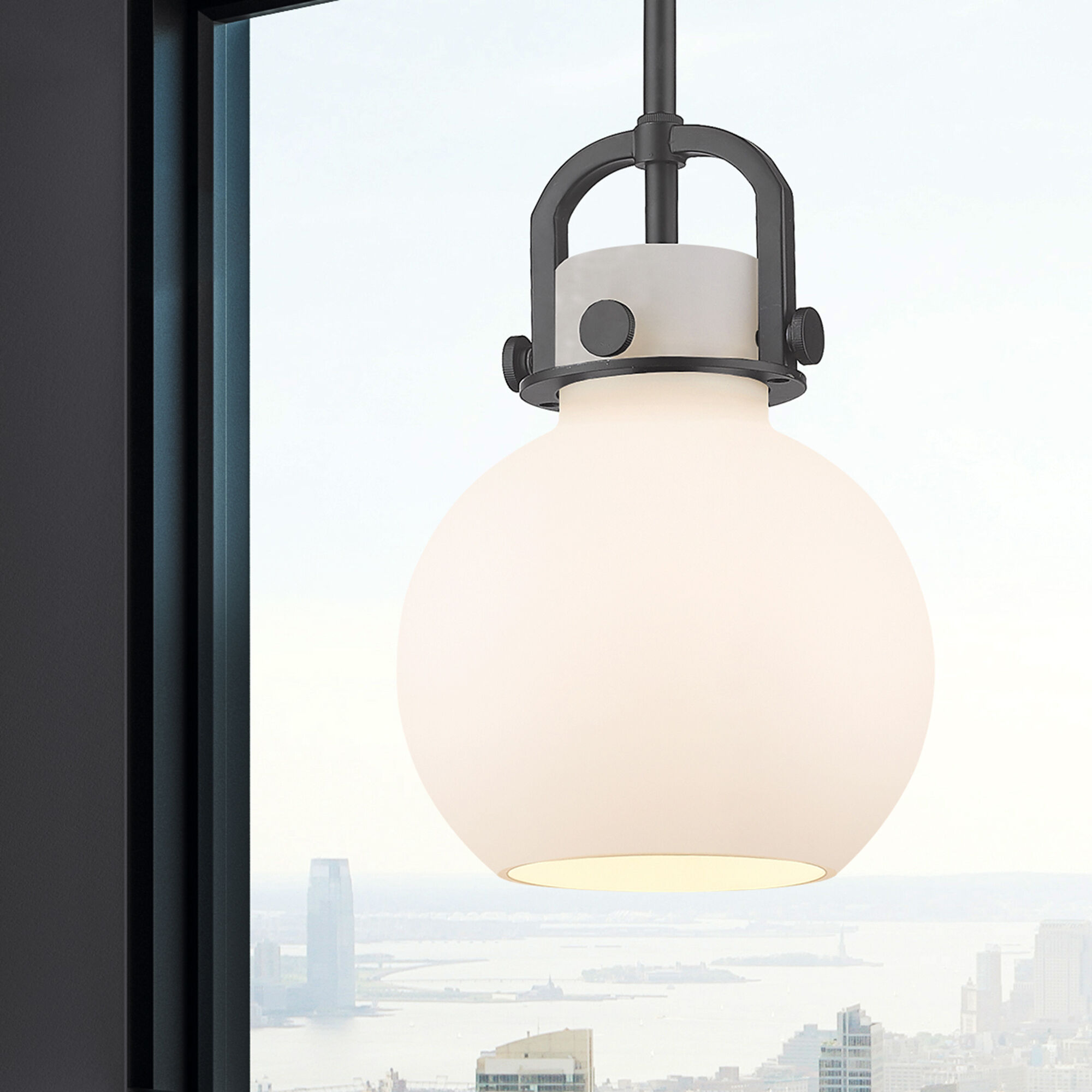 Newton Sphere 1 Light 8 inch Matte Black Mini Pendant Ceiling Light in Matte White Glass