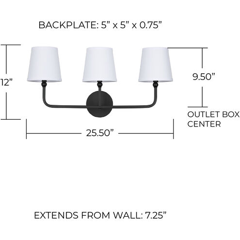 Dawson 3 Light 26 inch Matte Black Vanity Light Wall Light