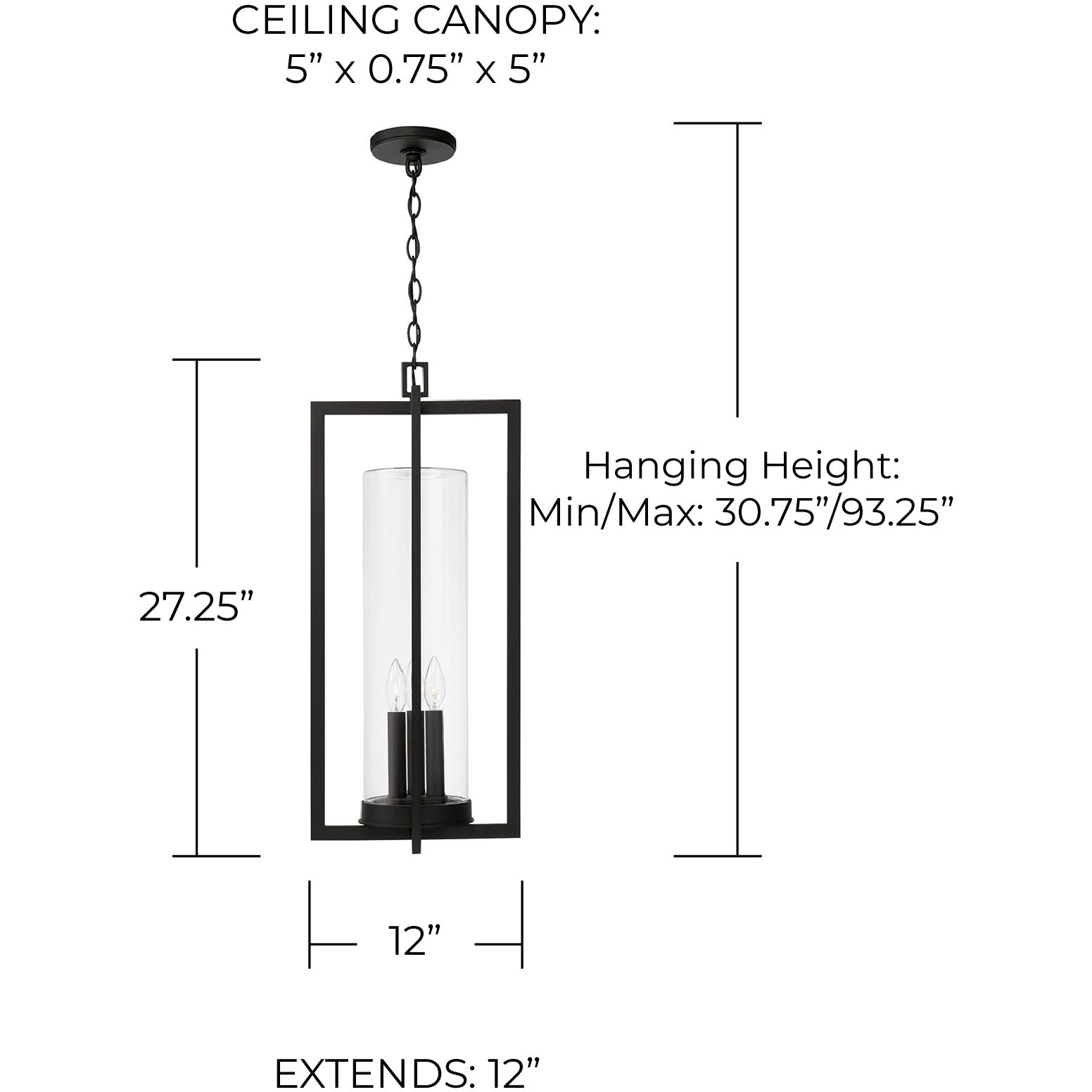 Kent 3 Light 12 inch Black Outdoor Hanging Lantern