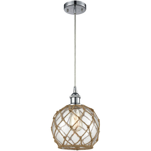 Ballston Farmhouse Rope 1 Light 8 inch Polished Chrome Mini Pendant Ceiling Light in Bulb Not Included, Clear Glass with Brown Rope, Ballston