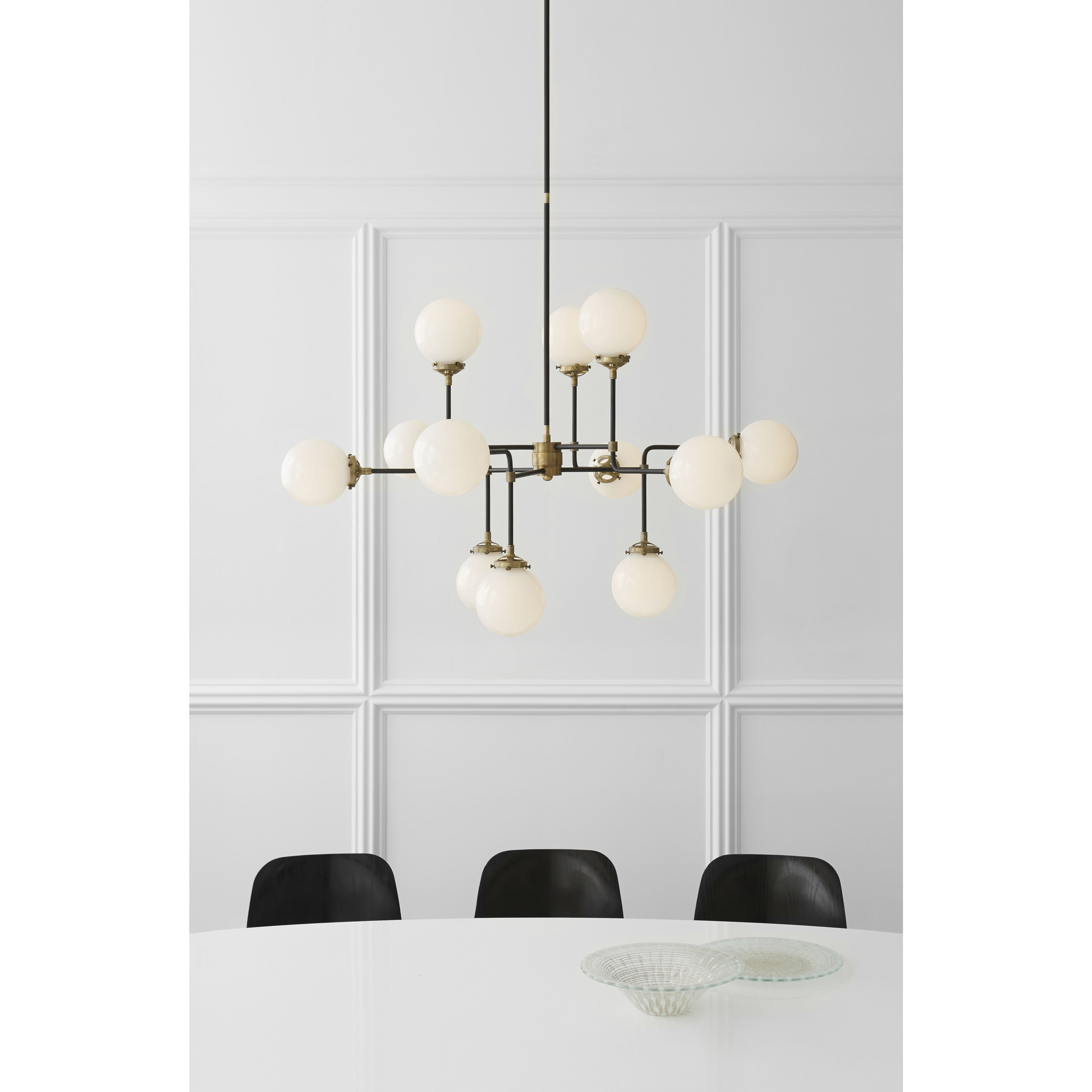 Ian K. Fowler Bistro 12 Light 47 inch Hand-Rubbed Antique Brass Chandelier Ceiling Light in White Glass, Medium