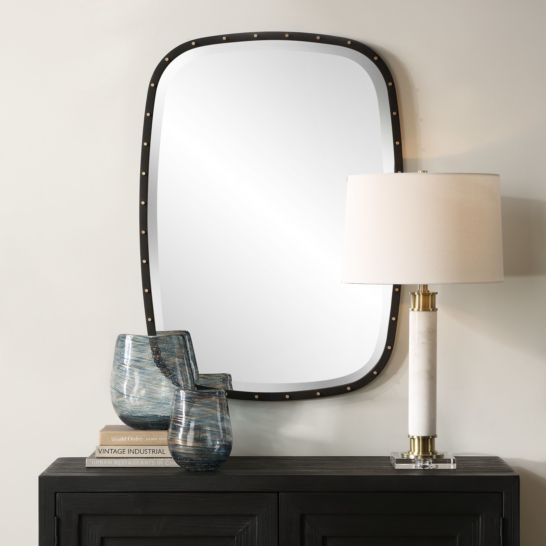 Benedo 36 X 26 inch Matte Black and Plated Brass Mirror