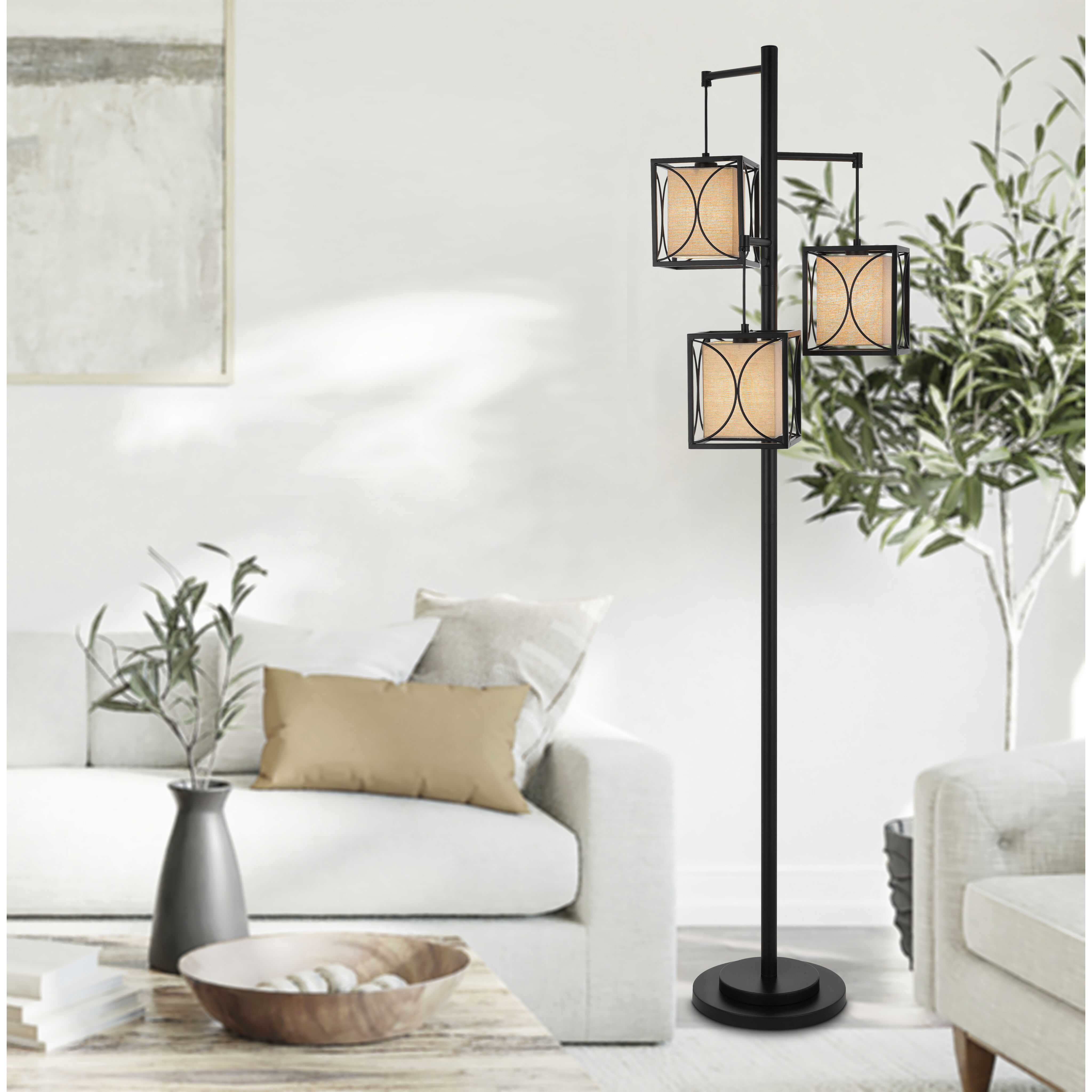 Cal Lighting BO 3193FL 60W x 3 Lantern Metal Floor Lamp with Metal Framed Fabric Shades Black Iron