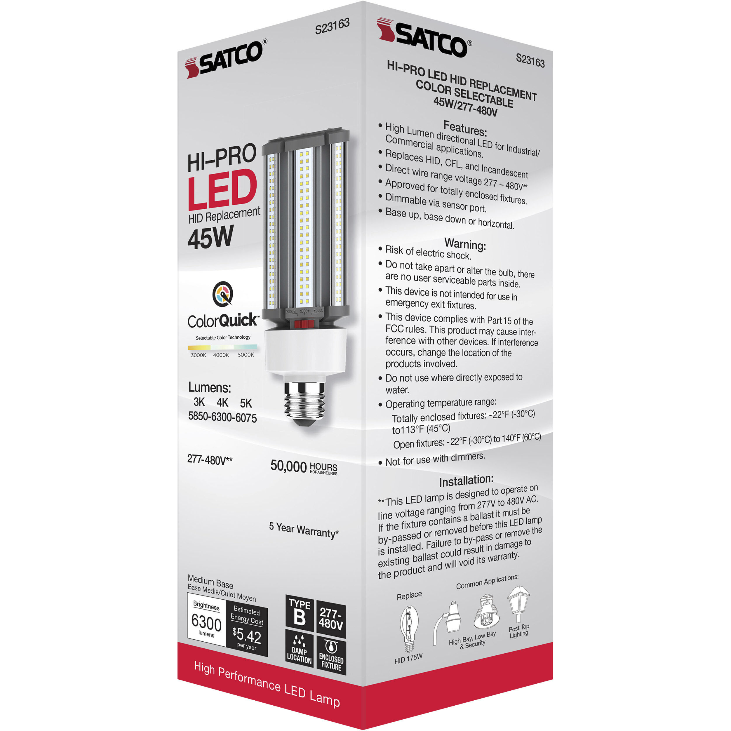 Lumos LED Medium 45 watt 277-480 3000K/4000K/5000K HID Replacements, HID Replacements