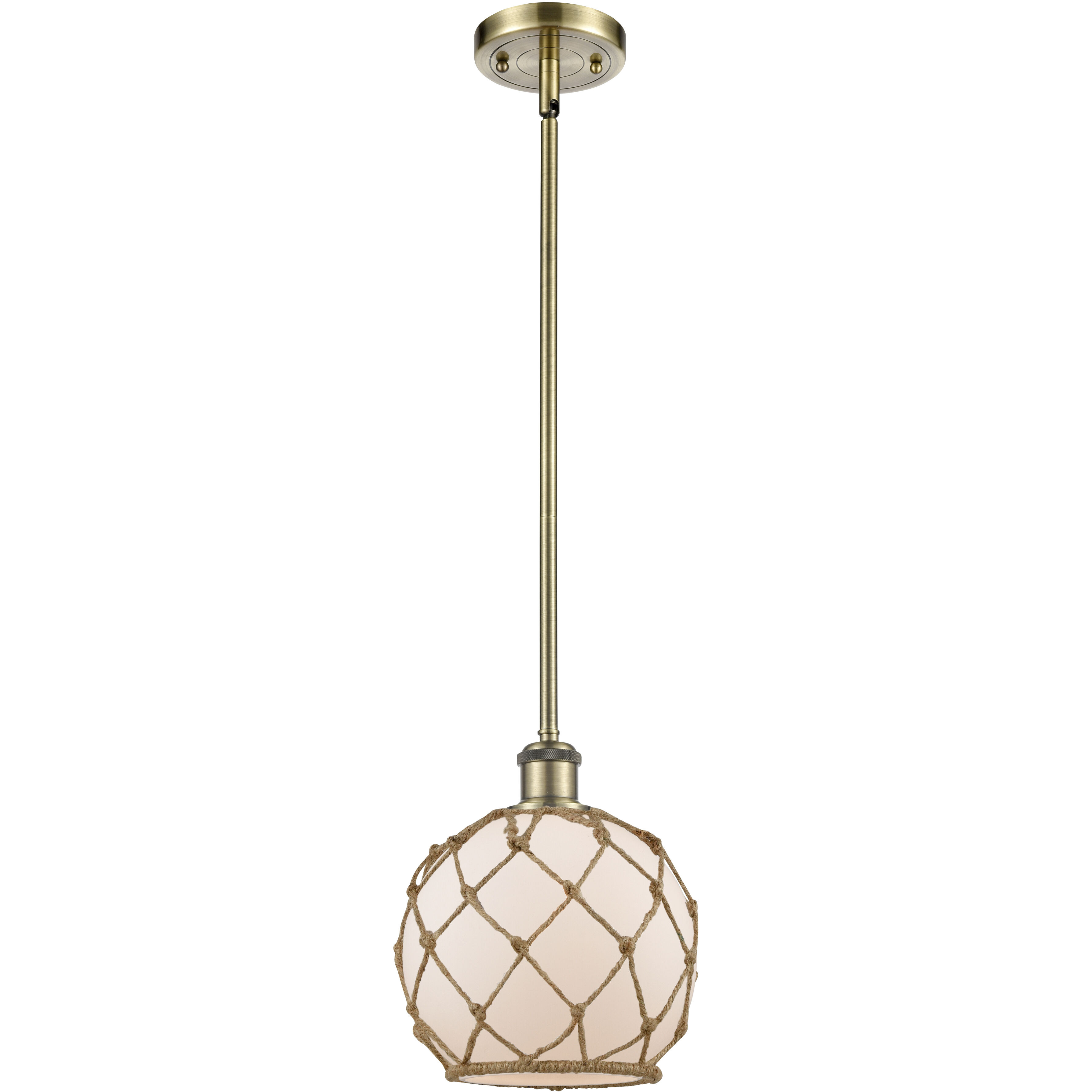 Ballston Farmhouse Rope LED 8 inch Antique Brass Pendant Ceiling Light in White Glass with Brown Rope, Ballston