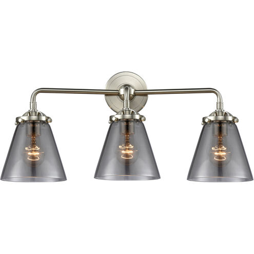 Nouveau Small Cone 3 Light 24 inch Brushed Satin Nickel Bath Vanity Light Wall Light in Plated Smoke Glass, Nouveau