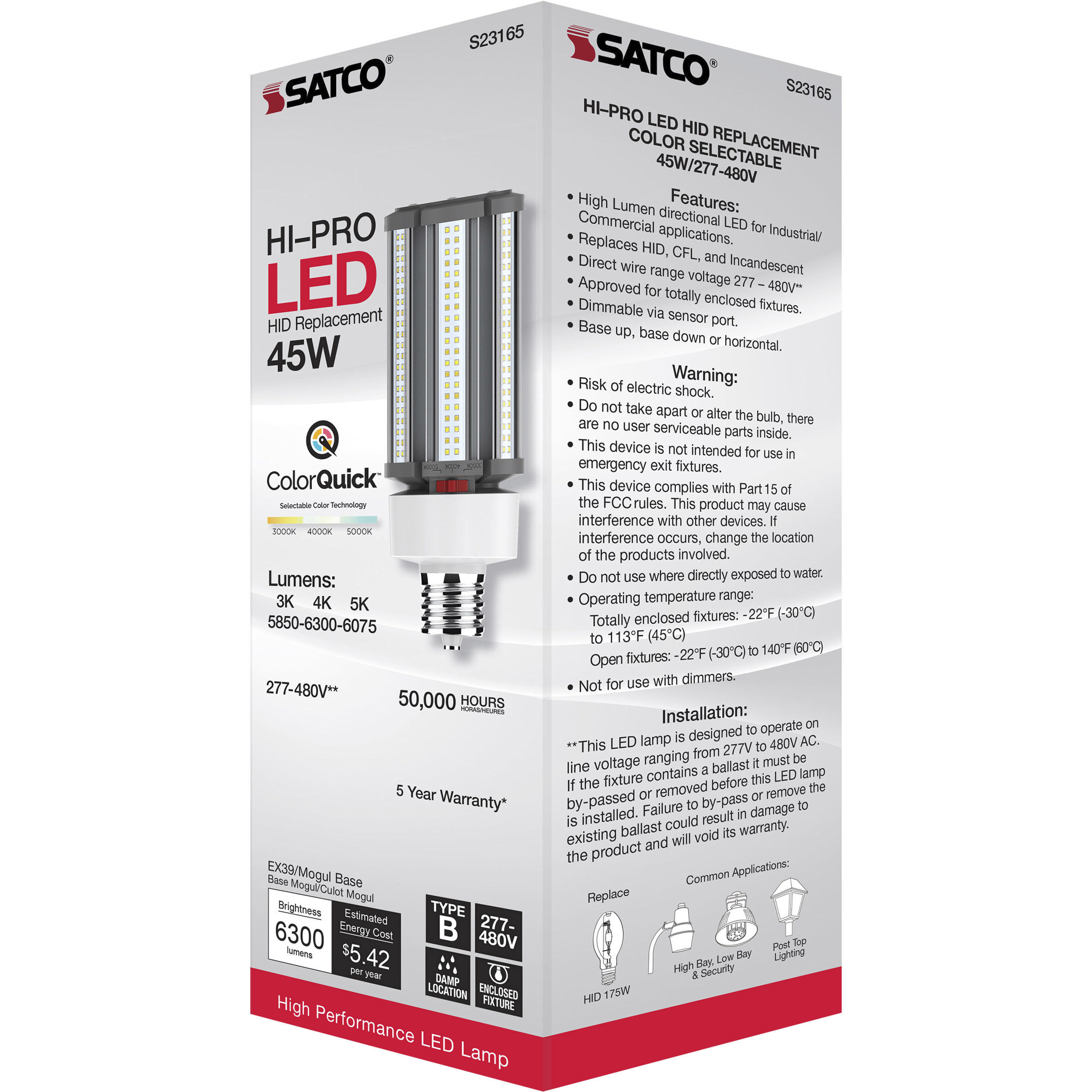 Lumos LED Mogul Extended 45 watt 277-480 3000K/4000K/5000K HID Replacements, HID Replacements