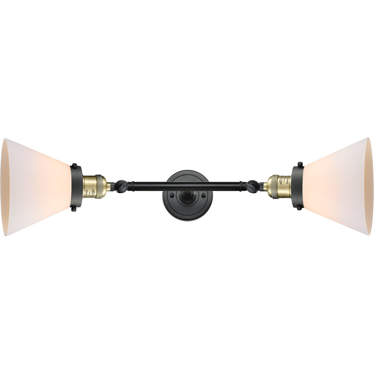 Franklin Restoration Large Cone 2 Light 18 inch Black Antique Brass Bath Vanity Light Wall Light in Matte White Glass, Franklin Restoration